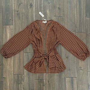 Max Studio Brown V Neck Long Sleeve Boho Tie Waist Blouse S NWT
